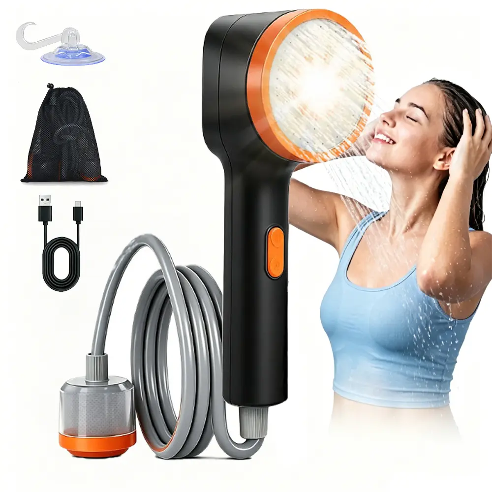 Portable Camping Shower, 2500mAh Rechargeable Outdoor Shower Pump | 2 Spray Modes & 2 Lighting Modes, 150min Runtime, 6.5ft Hose, with J-Hook & Suction Cups