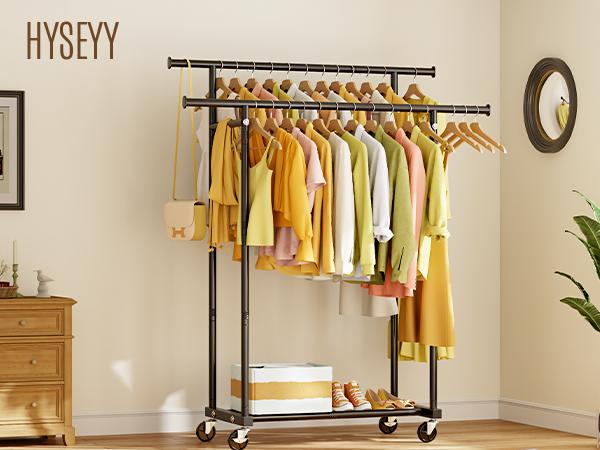 HYSEYY Rolling Clothes Rack with Wheels, Metal Garment Rack Double Rods Movable Garment Shelf ,for Hanging Clothes,Multi-functional,  Mobile Space Saving Garment Organizer  Freestanding
