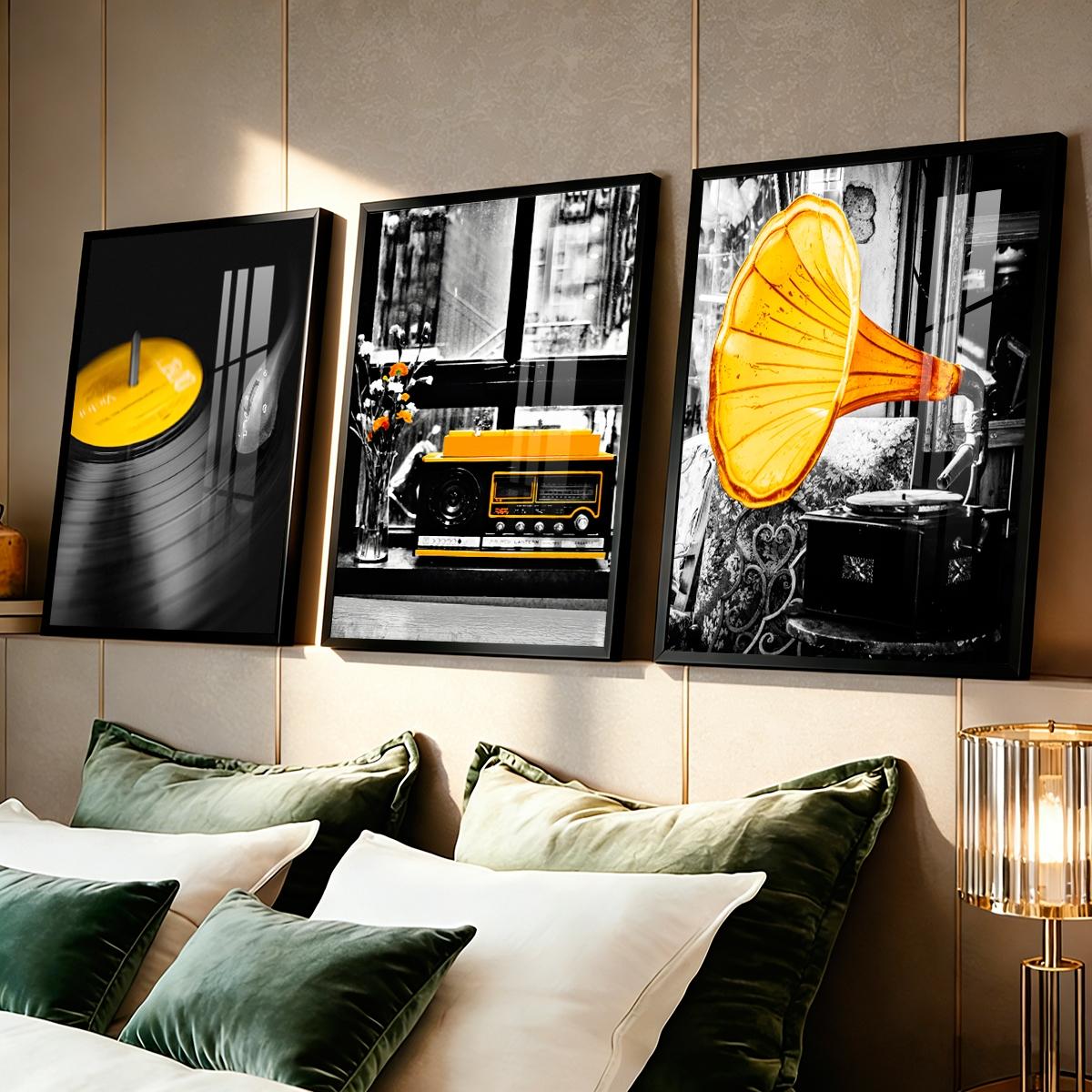 3 Counts Aluminum Alloy Framed Painting, Retro Vinyl Record Radio And Gramophone Pictures, Home Decoration For Living Room, Bedroom, Office, Restaurant, Hallway Wall Decor, Odorless Print Artwork, Luxury Perfect Gift For Friends And Family