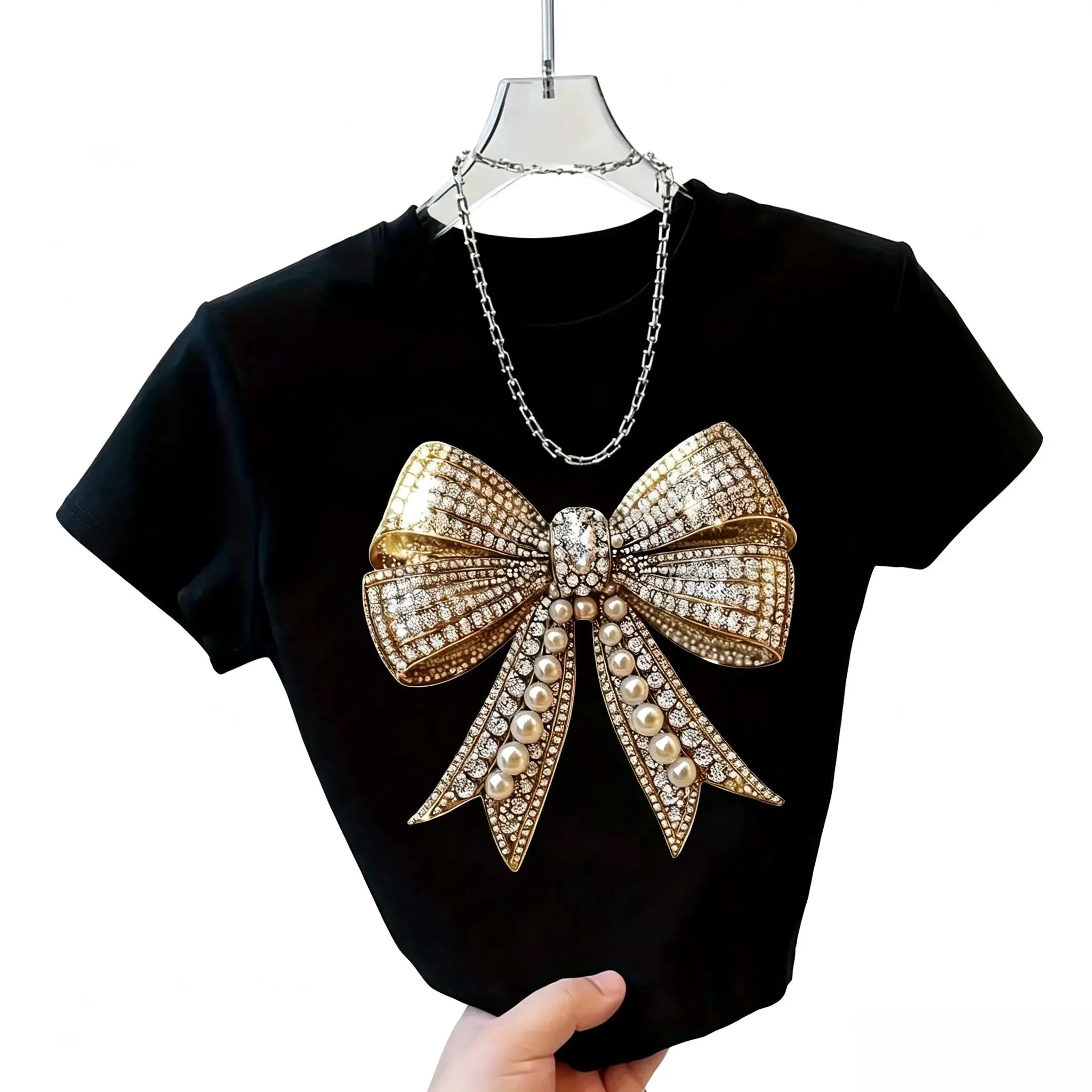 Women's Shiny Golden Bow and Crystal Decorated T-Shirt- Sparkling Rhinestone Embellished Round Neck Short Sleeve Top, Machine Washable Casual Party Wear, Suitable for Daily Wear and Special Occasions, Black and Golden Statement Piece,