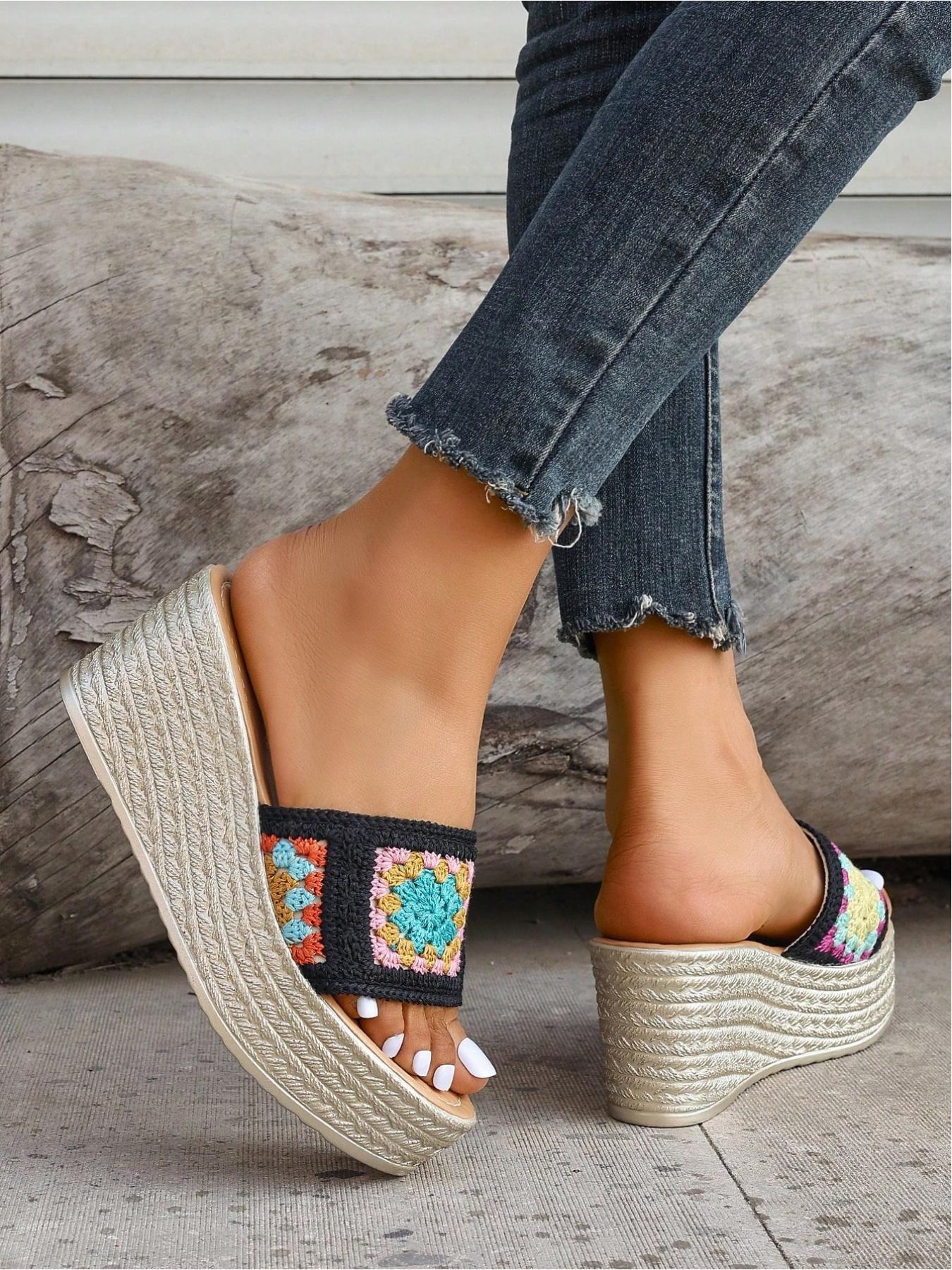 Vintage Bohemian Resort Style Handmade Crochet & Straw Wedge Heels, Breathable, Thick Sole, Anti-Slip, Multiple Sizes & Colors, Perfect for Daily Wear