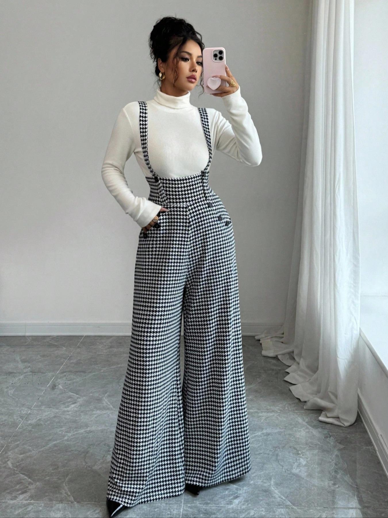 Women's Knitted Plaid Print Houndstooth Wide Leg Pants, Front Pocket Button Design, Fashionable Elegant Daily Commuter Overalls, Fall Winter