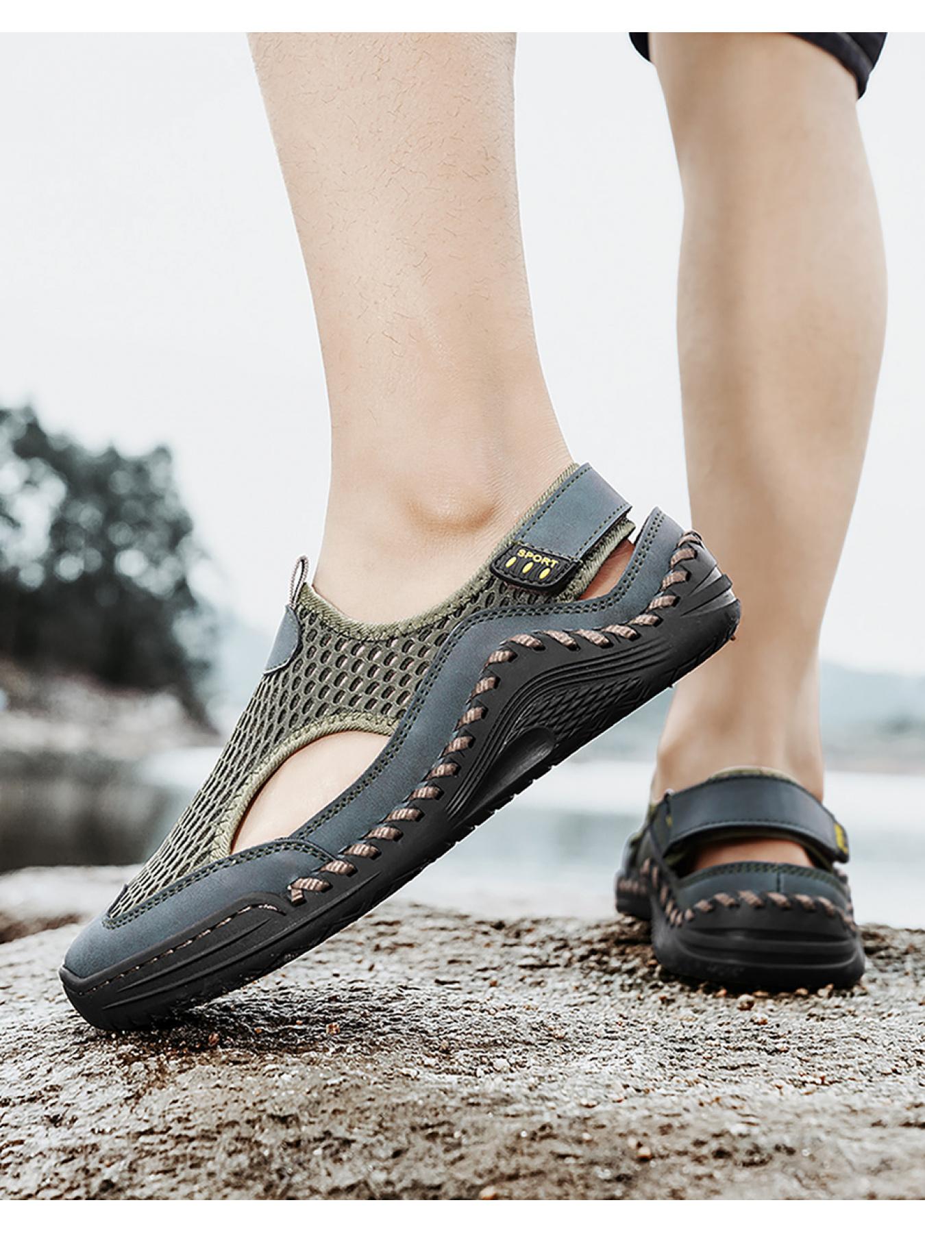 Men's Solid Color Mesh Breathable Closed-Toe Sandals, Hand-Stitched Soft Sole Water Shoes, Slip-On Casual Outdoor Beach Shoes