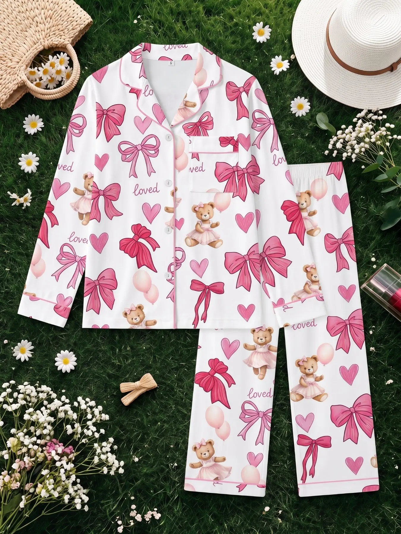 Women's Long Sleeve Pajama Set, Soft Comfortable Fabric, Heart Butterfly Bear Print, Loose Fit Casual Sleepwear, Spring Fall Home Wear, Heart Print Loungewear