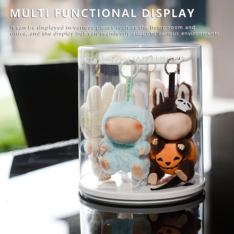 1PC 360° Rotating Clear Acrylic Display Case for Labubu Pop Mart, Hanging Storage Box with Hooks, Dustproof & Moistureproof Showcase for Dolls & Pendants