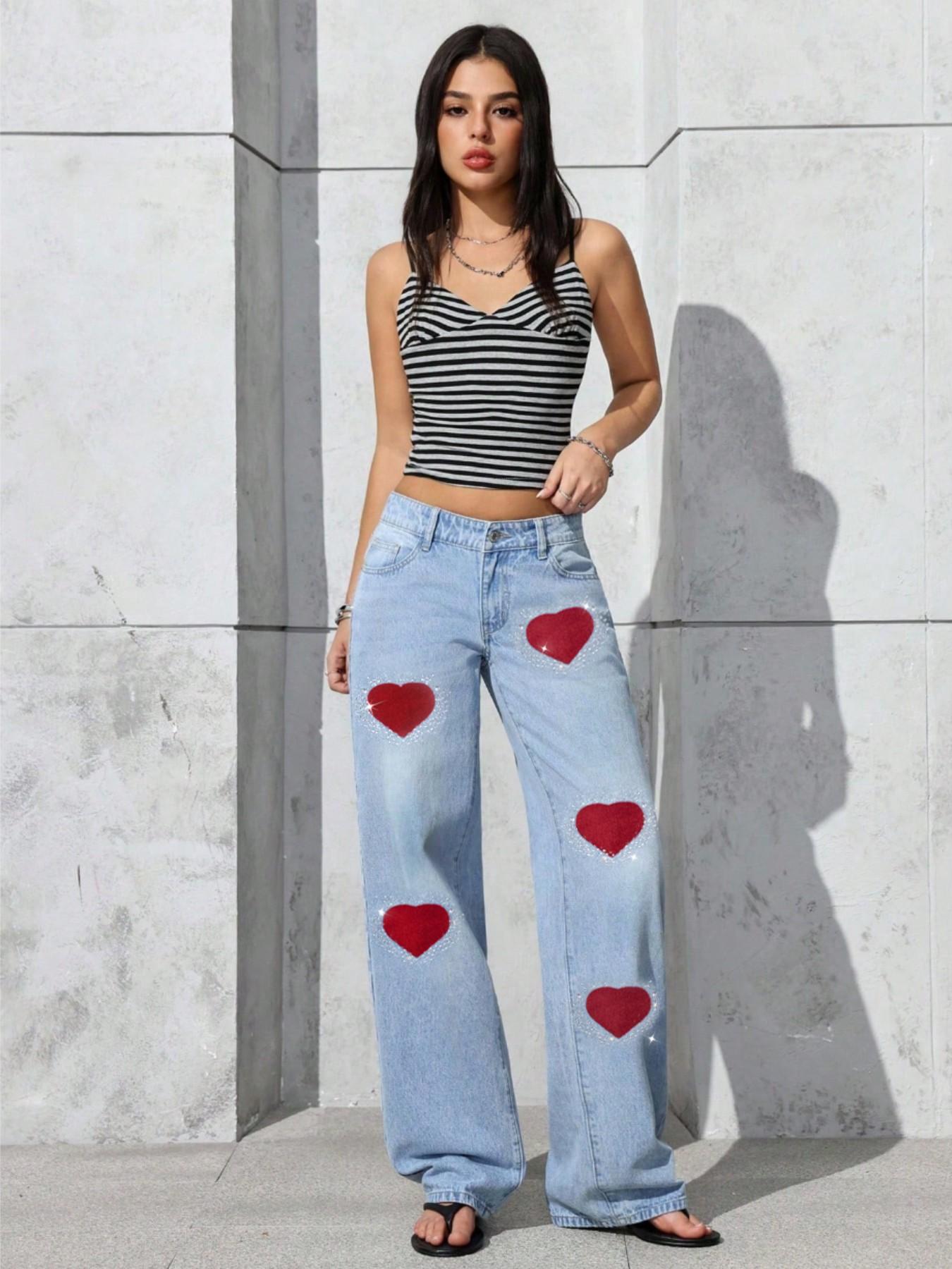 Women's Rhinestone Embroidered Jeans Pants, High Waist Loose-Fitting, Button Fly, Perfect for All Seasons, Elegant Fashion