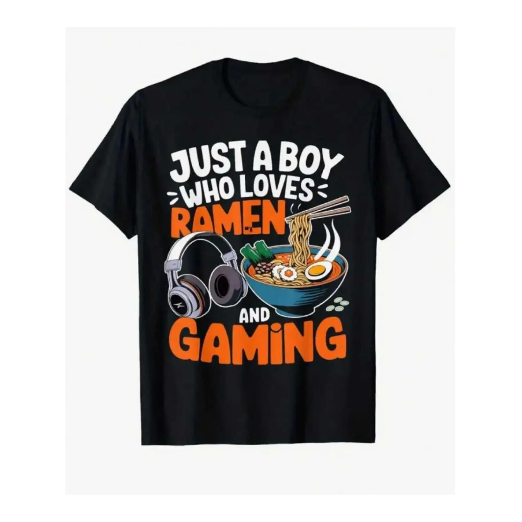 Men's Ramen & Gaming Graphic Print Fitted T-Shirt - Classic Streetwear Aesthetic, Lightweight, Machine Washable, Ramen Theme, True Sizes, Short Sleeve Casual Black Apparel for Gamer Foodie Gifts, Top, Garment