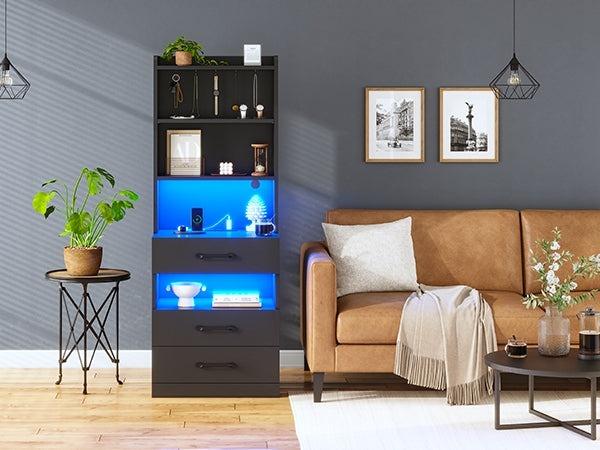 Sikaic LED Tall Nightstand with Charging Station 3 Drawers & Bookshelf Modern Design Home Vanity Desk RGB LED Lights Adjustable Shelves Multi-Color LED Strip 2 AC Outlets 2 USB Ports