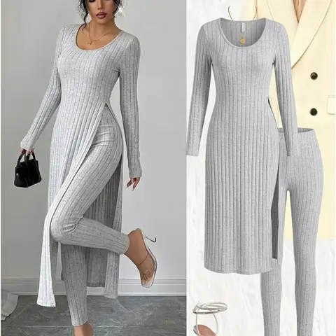 Women's Casual Knit Two-Piece Set, Long Sleeve Top + Loose Pants, Soft Comfortable Sleepwear, Ideal for Indoor Daily Wear