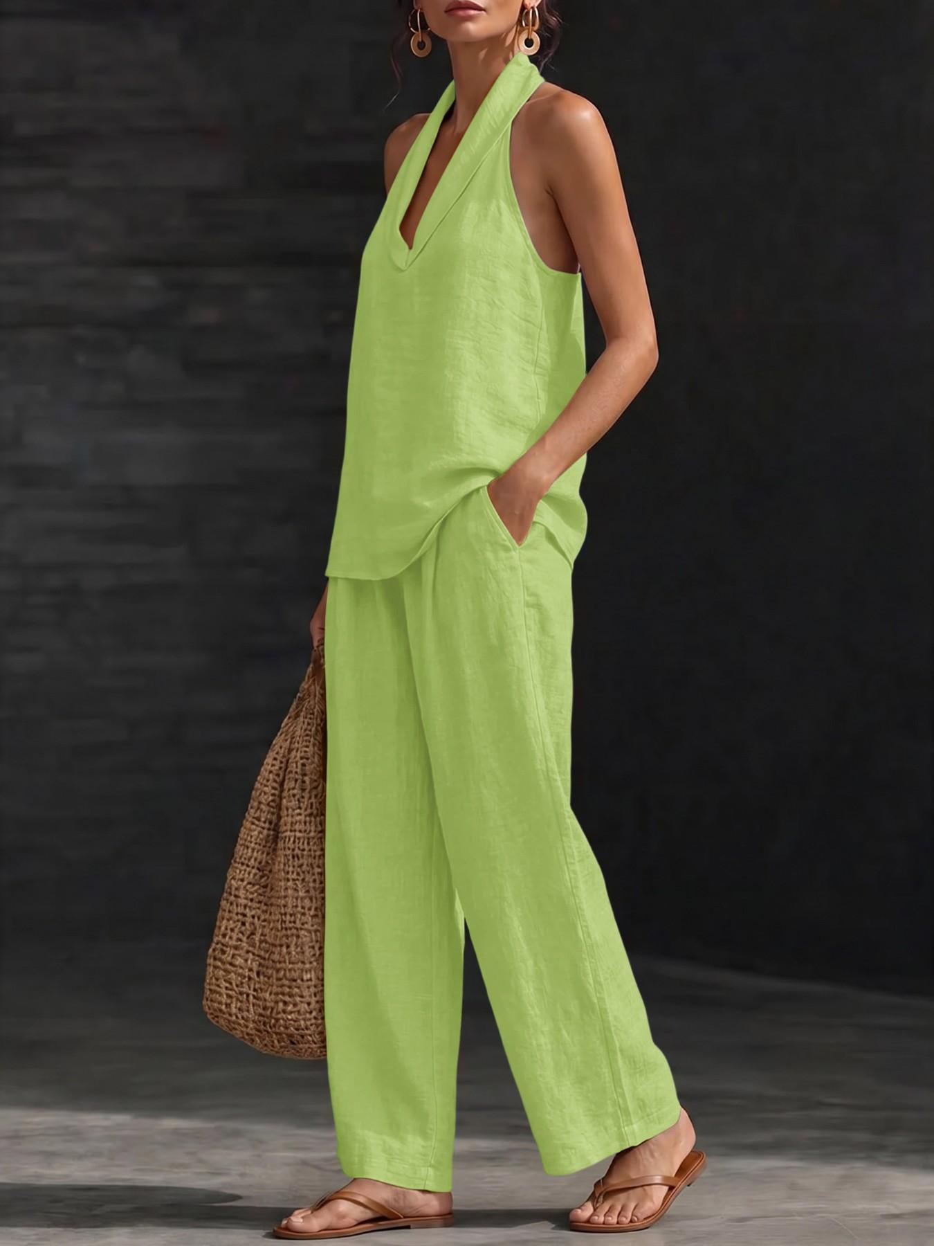 American Retro Co-Ord Set, Deep V Neck Top & High Waist Loose Pants, Lightweight Fabric, Casual Chic Holiday Wear, Streetwear