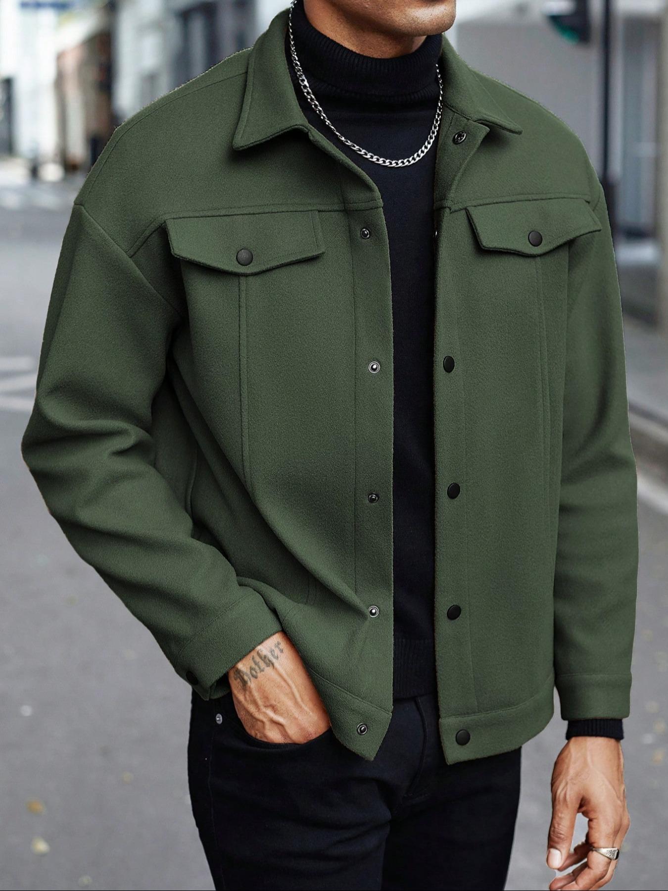 Men's Woven Jacket Coat Autumn Winter Casual Fitted Long Sleeve Button Front Shirt Pocket Design for Daily Wear & Outdoor Activities