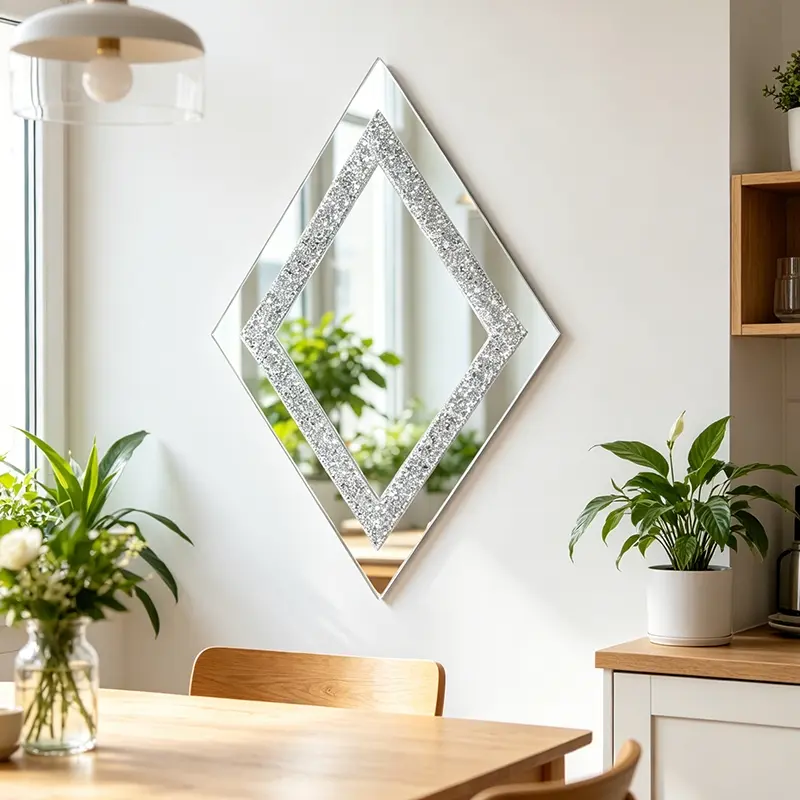 Silver diamond-shaped wall mirror, wall mounted mirror, decorative crystal-studded mirror, suitable for bedrooms, living rooms, and hallways, home decor
