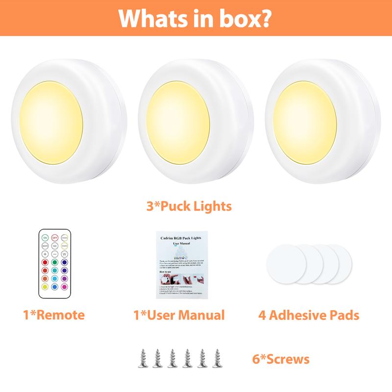 6-Pack RGB Puck Lights AA Battery-Powered (Not Included), Tap or Remote Control