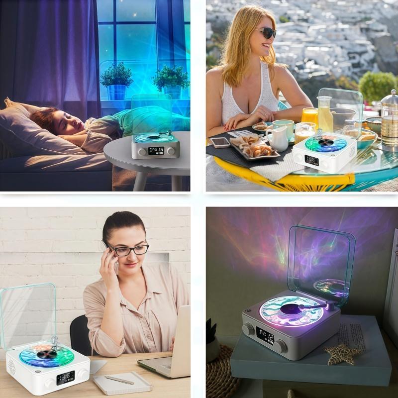Wireless Retro Bluetooth-compatible Speaker, Rechargeable Vinyl Record Player with Alarm Clock & Ambient Light, Multifunctional Desktop Speaker for Home Office