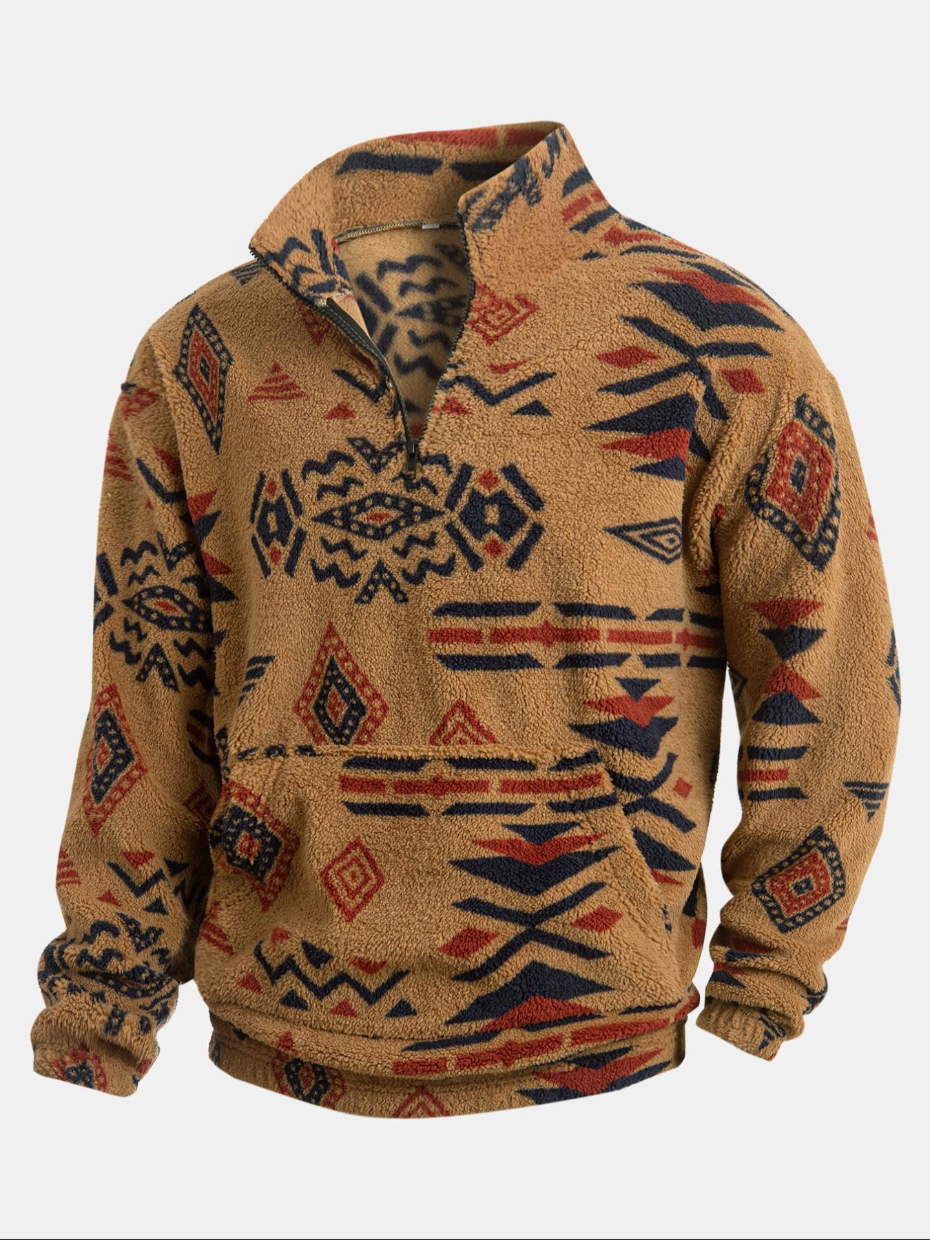 Men's Flannel Ethnic Print Hoodie, High Neck Half-Zip Pullover with Pocket, Warm Autumn Winter Casual Sportswear