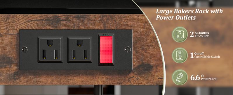 Raybee Furniture Bakers Rack for Kitchen with Power Outlet, 6-Tier Microwave Stand with Storage Cabinet, Farmhouse Kitchen Coffee Bar with Side Hooks, Utility Shelf for Kitchen