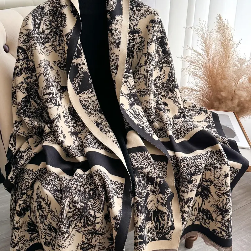Women's Boho Style Plants Print Double Sided Shawl, Casual Trendy Scarf for Fall & Winter, Fashion Accessories for Daily Wear, Boho Floral Shawl