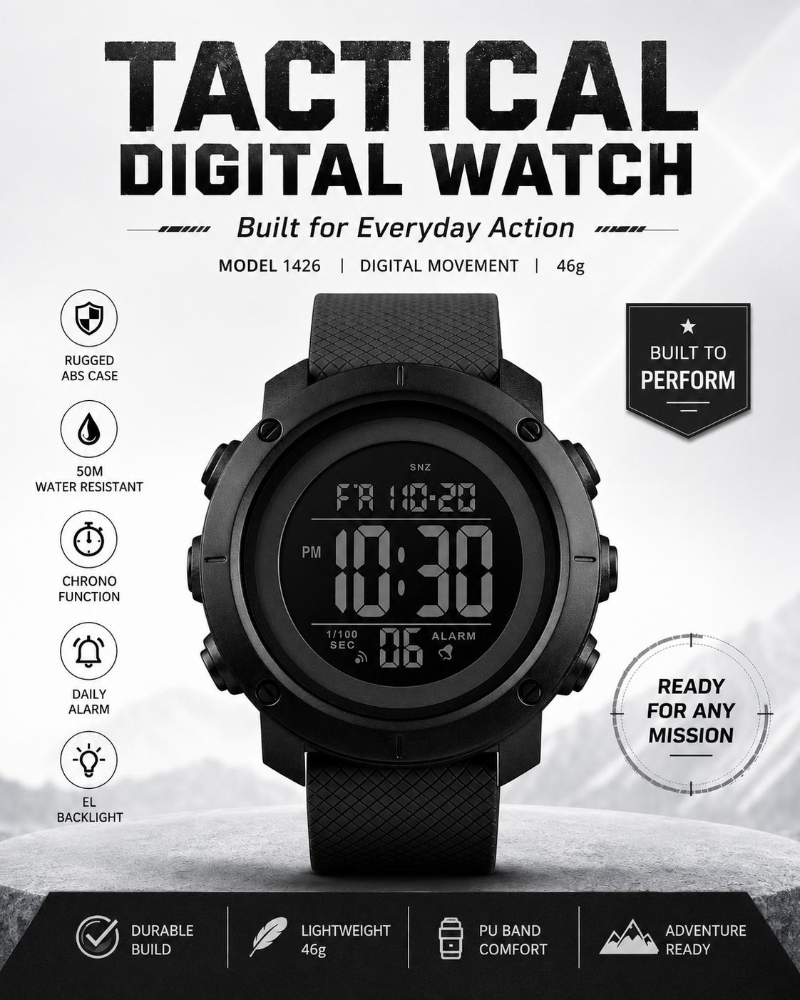 Skmei Full Digital Display Watch, Casual Style Multi-Function PU Band Watch, 50m Waterproof, Quartz Movement, Digital Multifunctional Watch, All Seasons Use detail 1