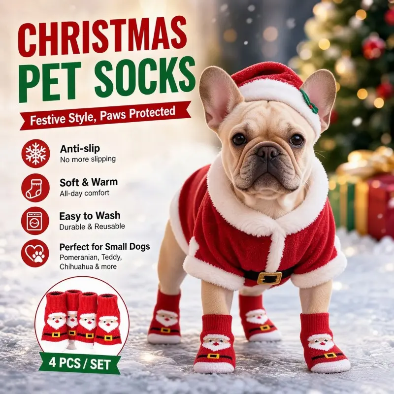 4Pcs Christmas Winter Pet Socks, Festive Cartoon Xmas Knitted Socks, Anti-slip Bottom Soft & Warm, Paw Protector For Small Dogs & Cats Indoor Use