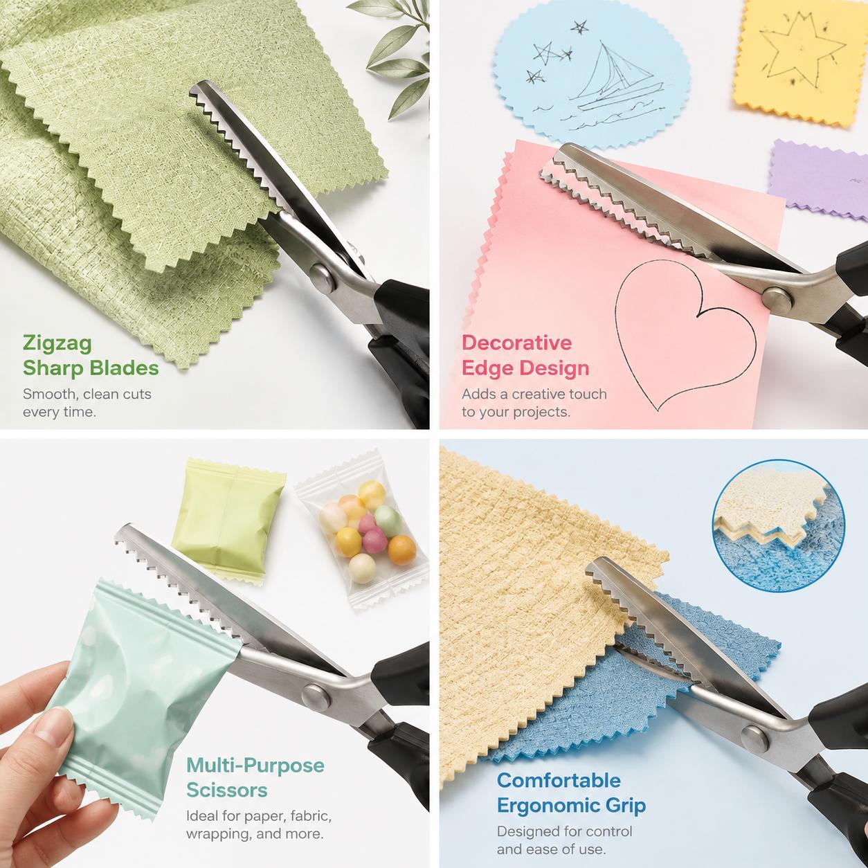 Premium Stainless Steel Zigzag Scissors with Precision Serrated Blades for Clean Cutting of Lace, Fabric, and Craft Materials — Ideal for Dressmaking, Tailoring, Sewing Projects, and DIY Handicrafts — Ergonomic Design, Rust-Resistant, Long-Lasting Sharpne