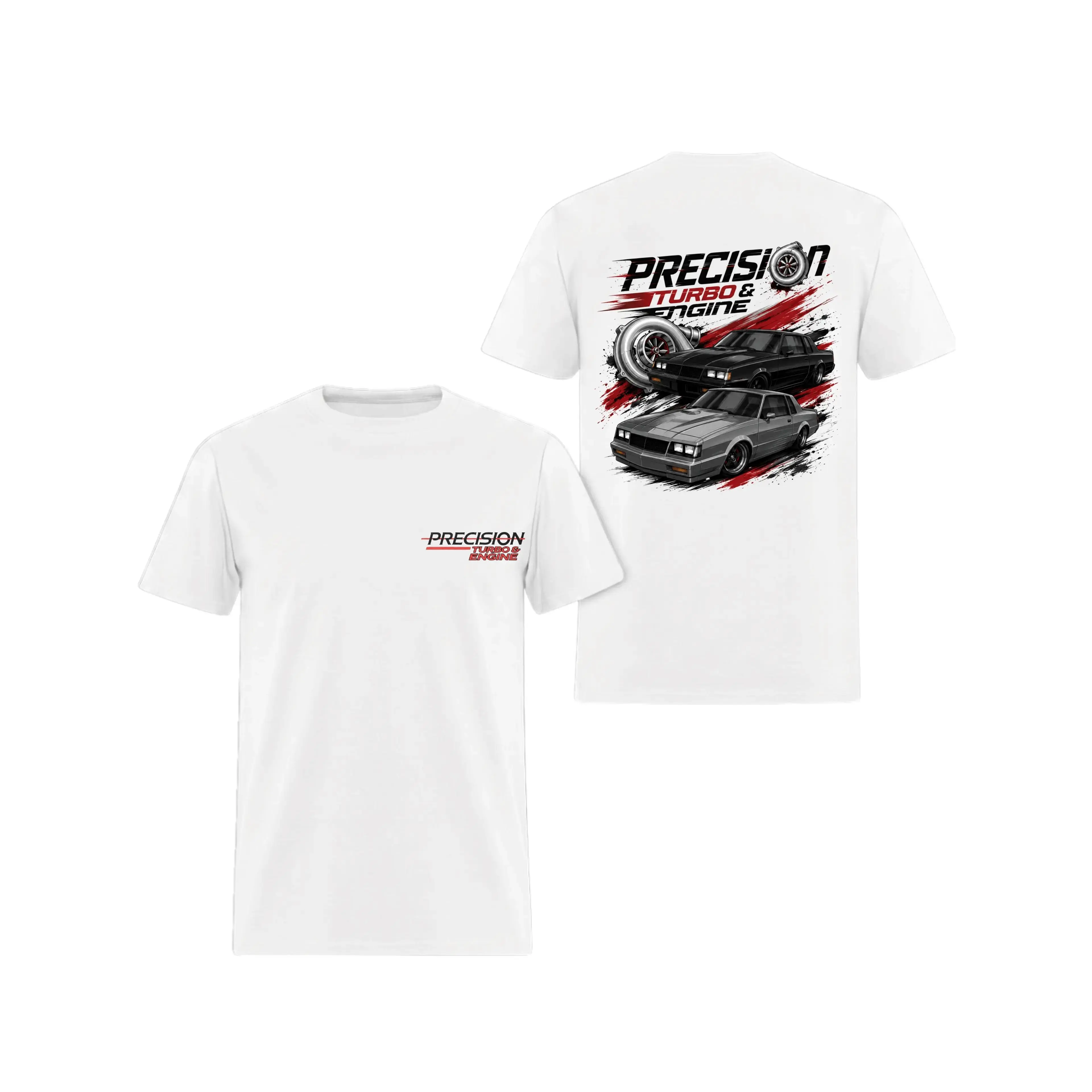 Precision Turbo And Engine Drag Car T-Shirt, 2 Sides, Turbocharger Boost Racing Car Graphic Tee
