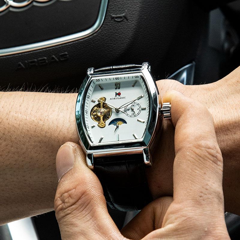 Luxury Automatic Mechanical Watch for Men, Analog Dial, Leather Strap, Moon Phase Display, Minimalist Barrel Design, No Battery Needed