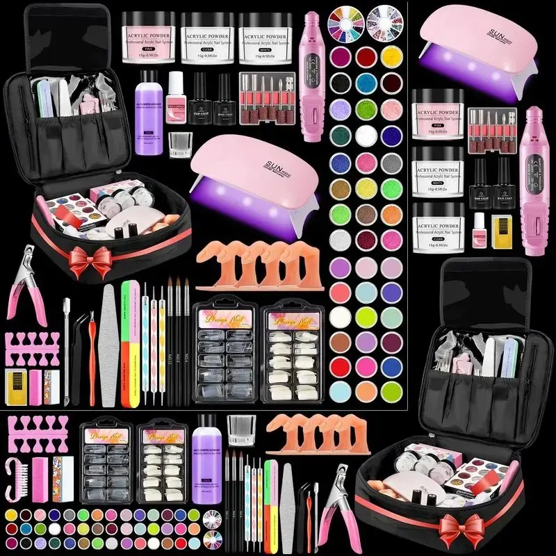 Beginner's Acrylic Nail Supplies Full Kit - DIY Manicure Nail Tool Kit, 20000RPM Drill, Mini UV Lamp, Black Party Bag, Multiple Items (for Home & Festive Party Use)