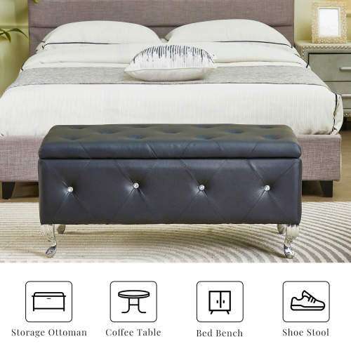 [Bellemave]Upholstered Storage Ottoman Bench For Bedroom End Of Bed Faux Leather Rectangular Storage Benches Footrest With Crystal Buttons For Living Room Entryway