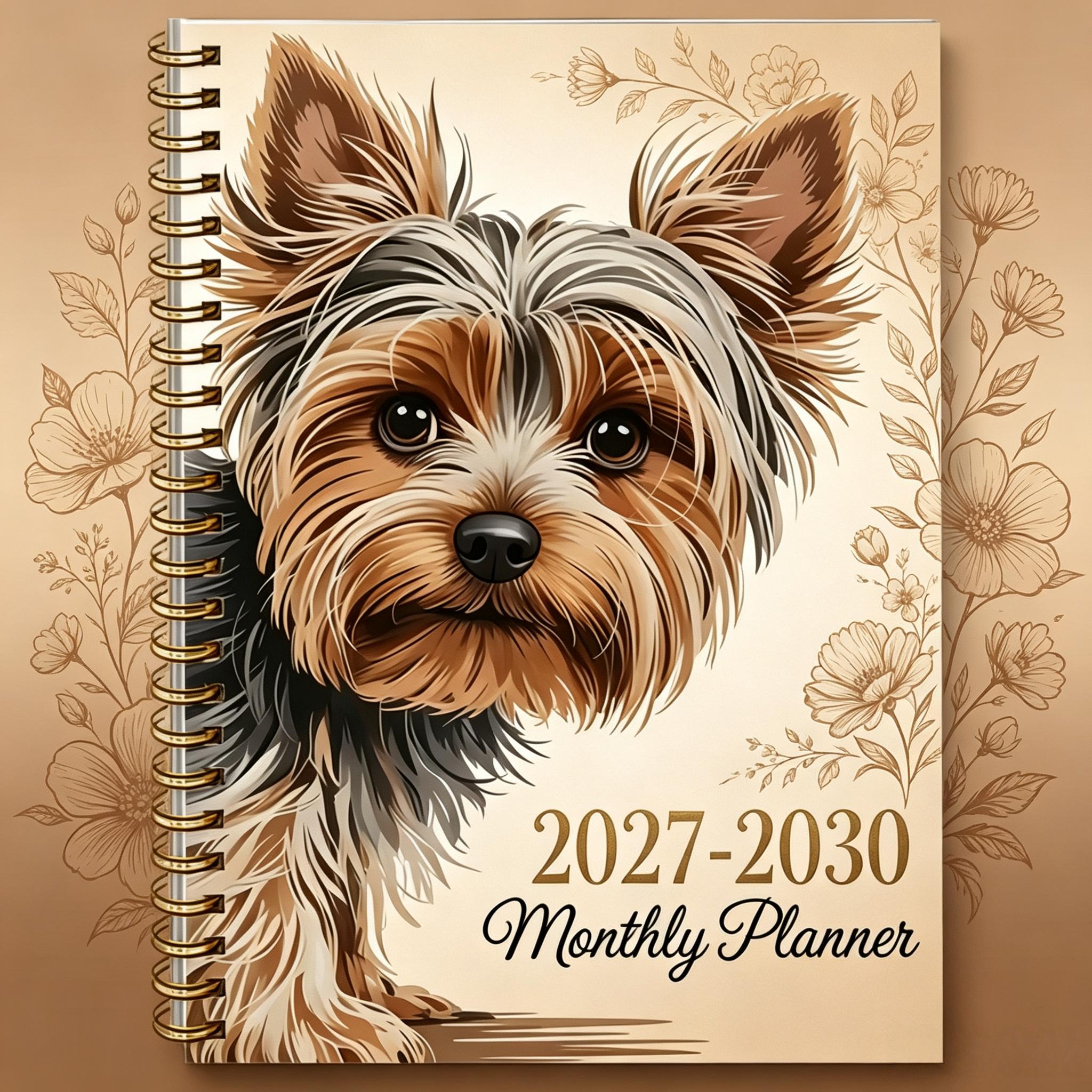 2027-2030 Monthly Custom Calendar - January 2027 to December 2030, four-year monthly custom, fun brown dog and floral themed cover notebook, annual calendar customization, month tabs, 48-month calendar, 13.97 x 21.08 cm thick paper