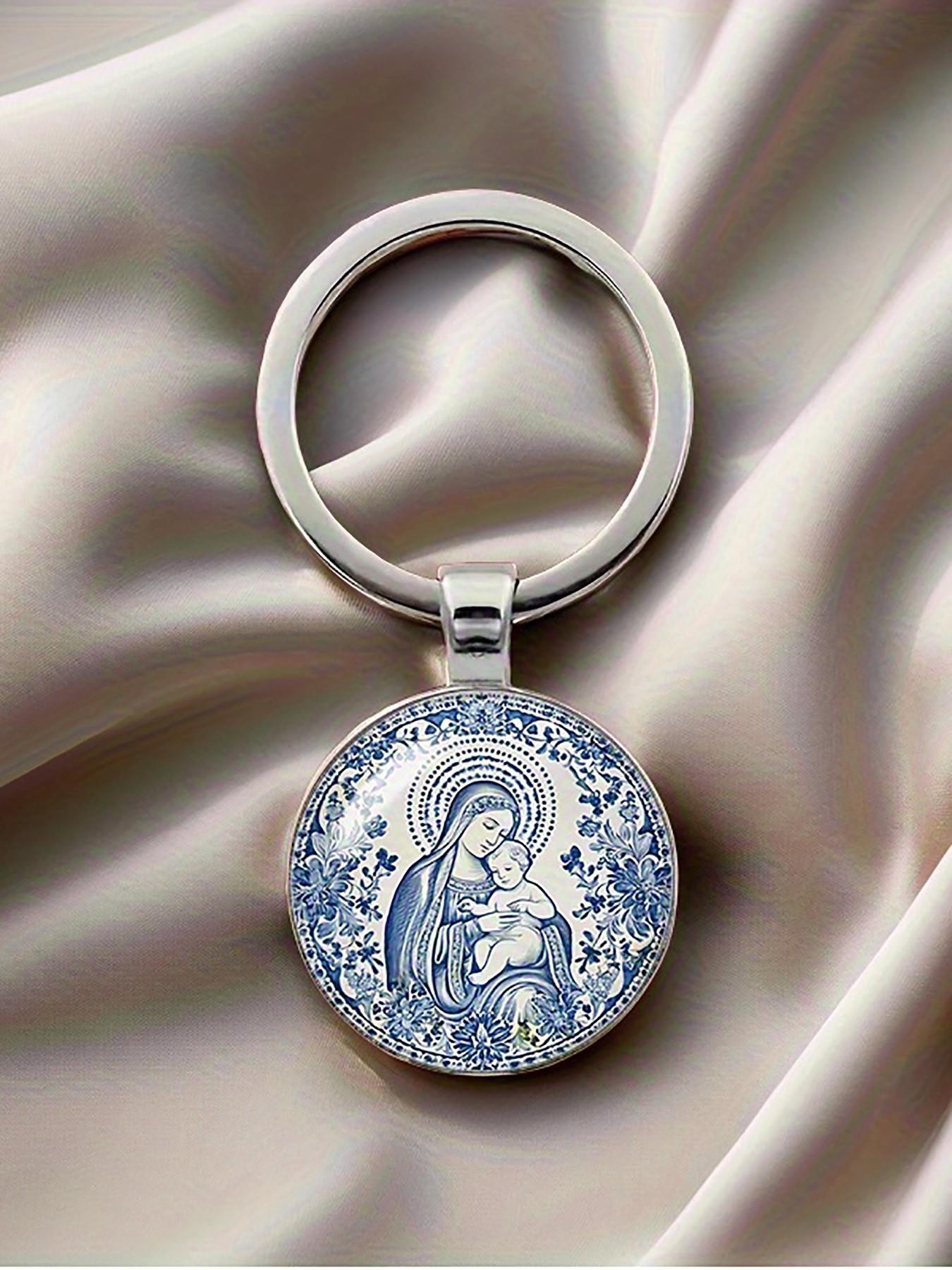 Elegant Round Convex Glass Keychain, Alloy Material with Cartoon Pattern, Perfect for Christmas, Easter, and Ascension Day, 1 Piece Set