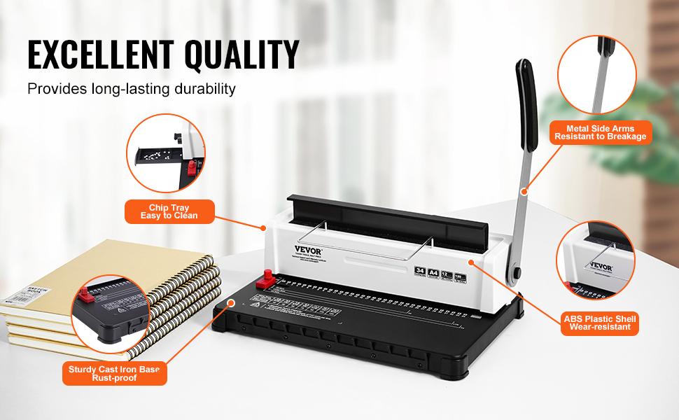 VEVOR Coil Spiral Binding Machine, Manual Book Maker 34-Holes Binding 120 Sheets, Punch Binder Adjustable 3/16 - 9/16 Coil Binding Spines, for Letter Size, A4, A5
