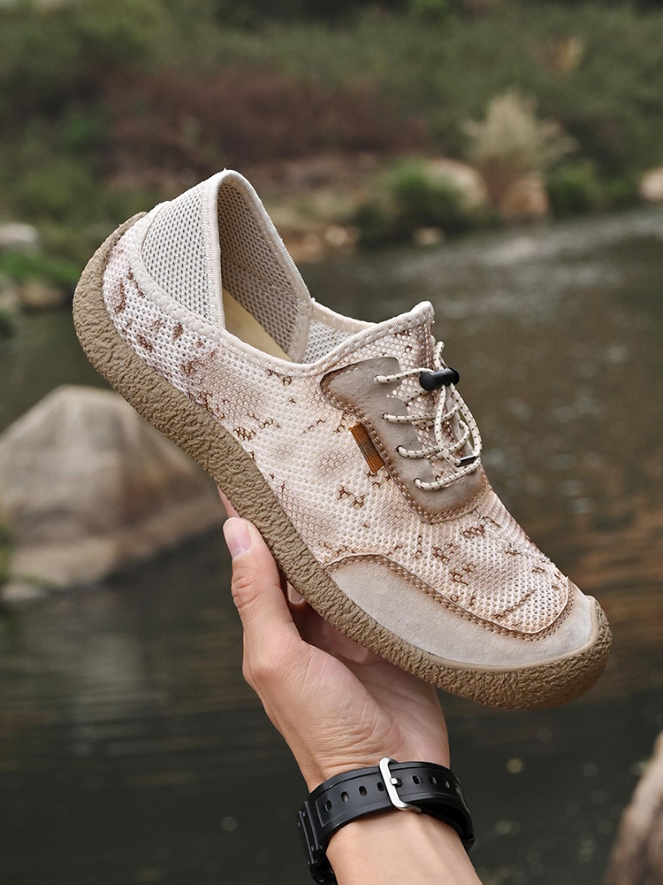 Men's Solid Color Mesh Breathable Outdoor Water Shoes Drawstring Two-Way Closed-Toe Sandals Non-Slip Wear-Resistant Soft Sole Hiking Shoes