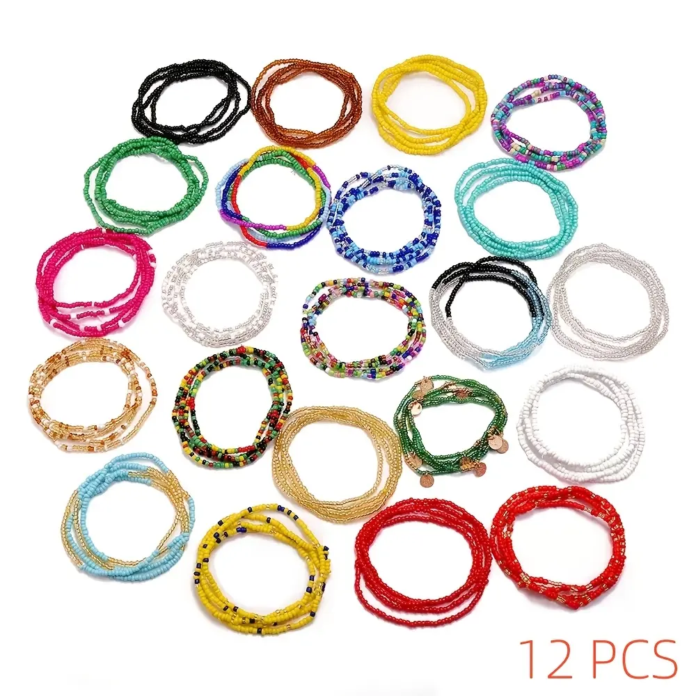 12pcs Waist Beads Set Handmade African Belly Beads Chain Plus Size Body Jewelry Non Stretching Belly Chain for Women
