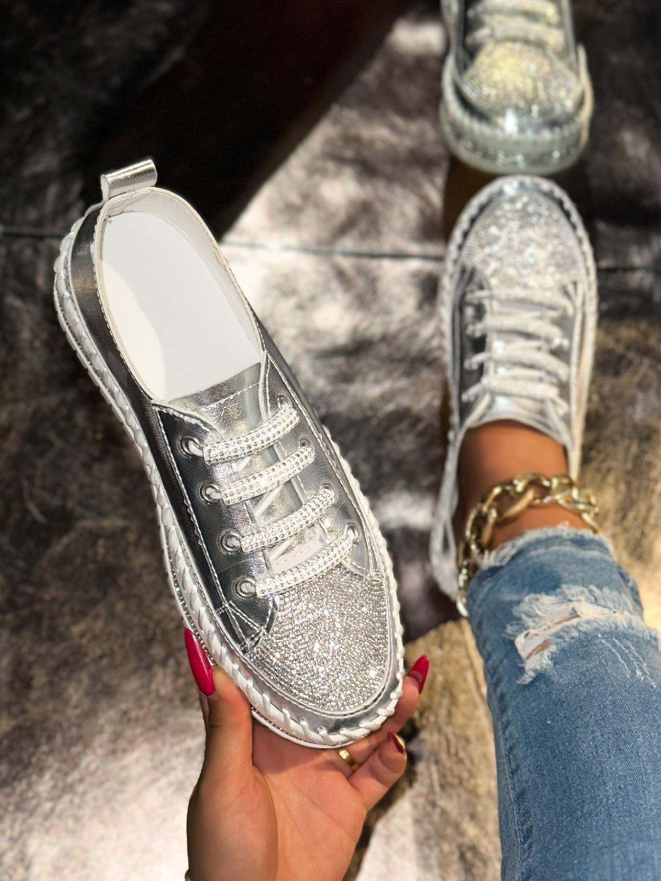 YYW1 Shiny Silver Color Sequins Casual Shoes Footwear Women, Lace-Up Chunky Sole Canvas Sneakers, Perfect Dating and Shopping, Walking Shoes