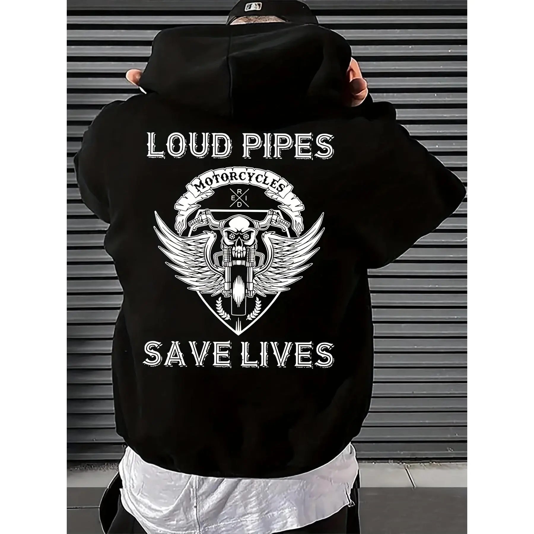 Men's Heavyweight 50/50 Motorcycle Hoodie - Extra Large Size Biker Pullover with LOUD PIPES & Motorcycle Wings Print on Back, Motorcycle Rescue Pattern