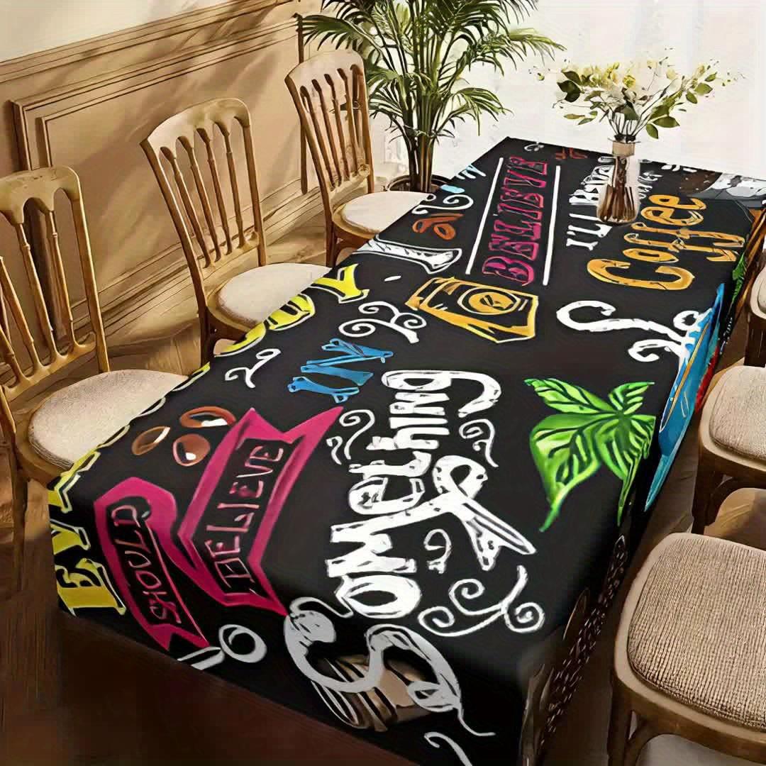 1pc Chic Coffee and Text Design Tablecloth - Rectangular Polyester Tablecloth, Easy to Clean, for Parties, Dining Decor and Outdoor Use, Picnic Table Cover