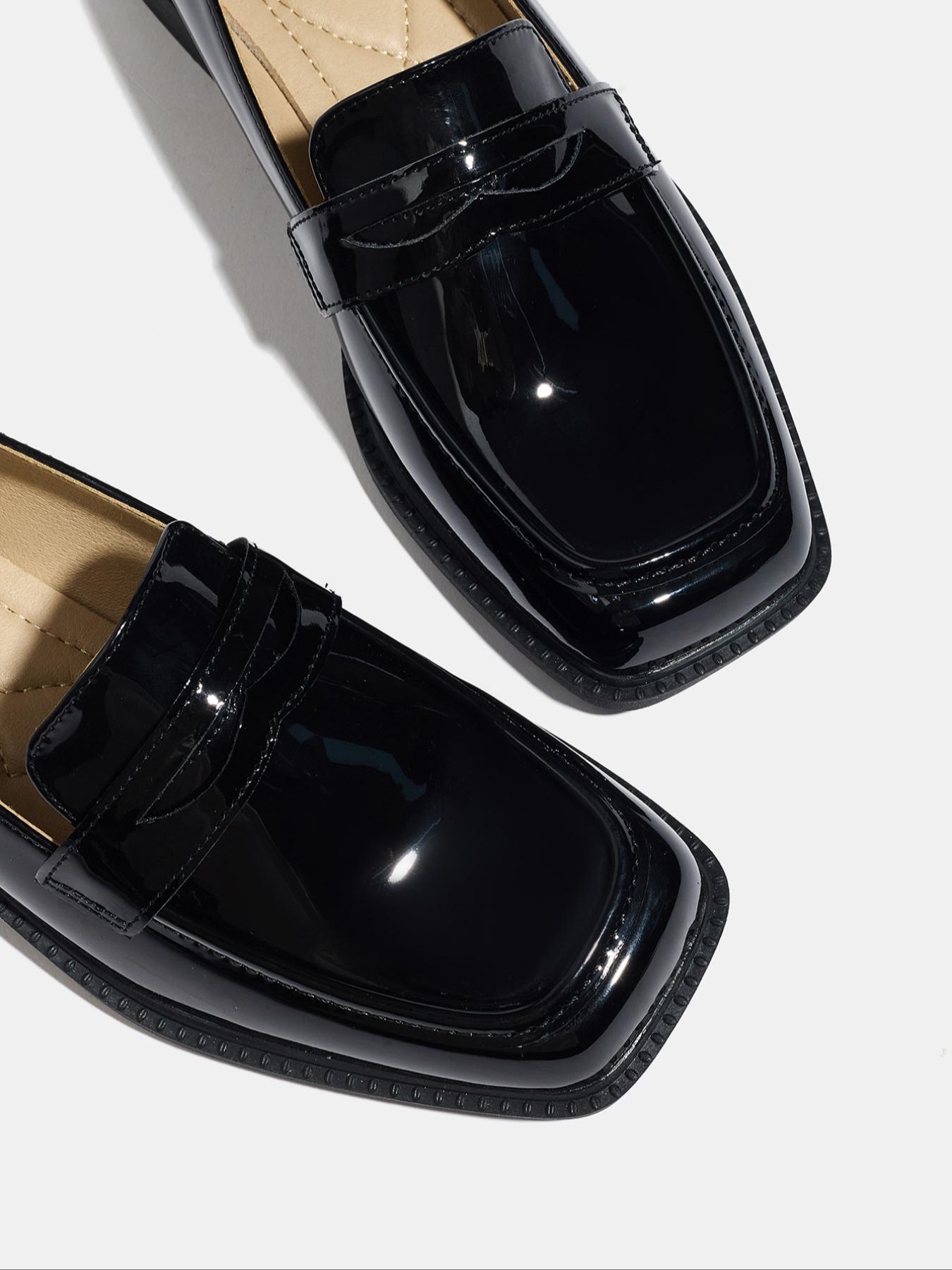 Women's Fashion PU Leather Loafers, Geometric Pattern Slip-On Shoes, Comfortable Mid Heel Fall & Winter Footwear