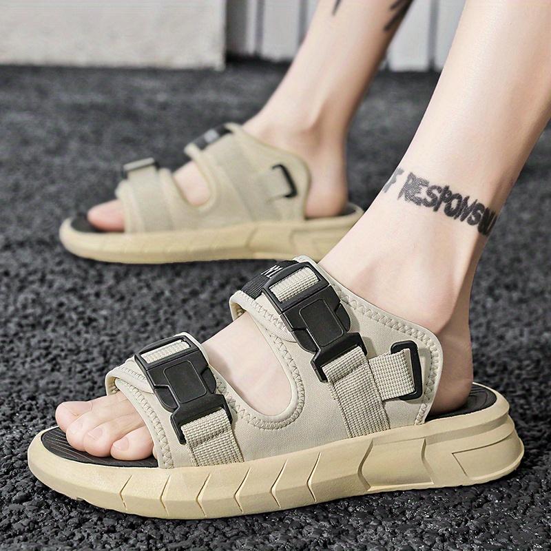 Men's sports sandals and slippers - beige fabric upper, black straps and buckles, TPR sole, Velcro closure, comfortable outdoor sports shoes for all-day wear