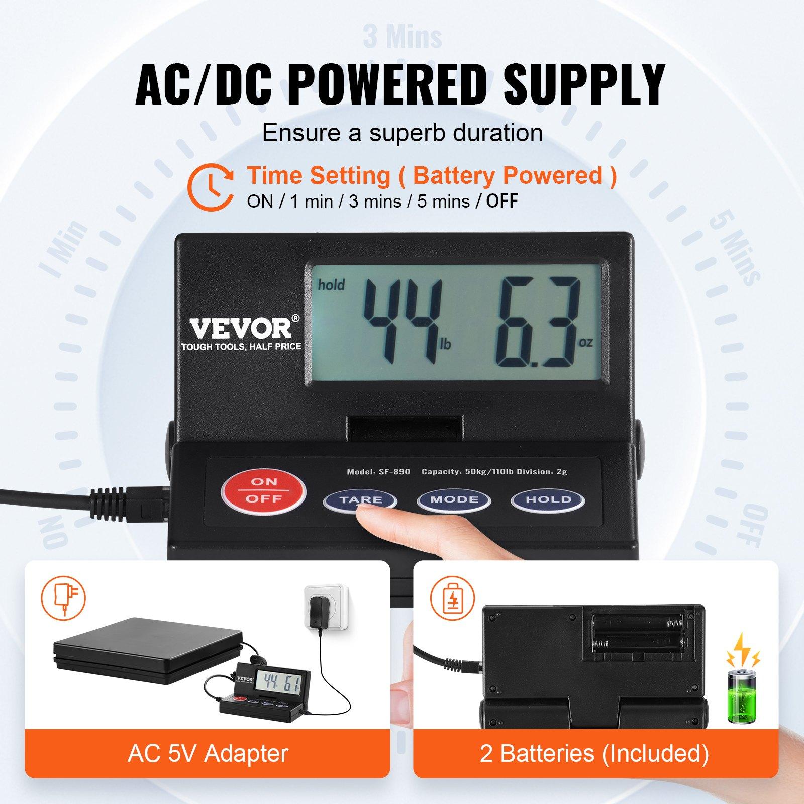 VEVOR Digital Shipping Scale, 110 lbsx 0.07 oz. Heavy Duty Postal Scale with Timer, Tare, Hold Function, 90 Foldable LCD Screen Package Scale for Laggage, Home, Post Office, AC/DC Powered, FCC Liste, Abs Plastic, Foldable Screen