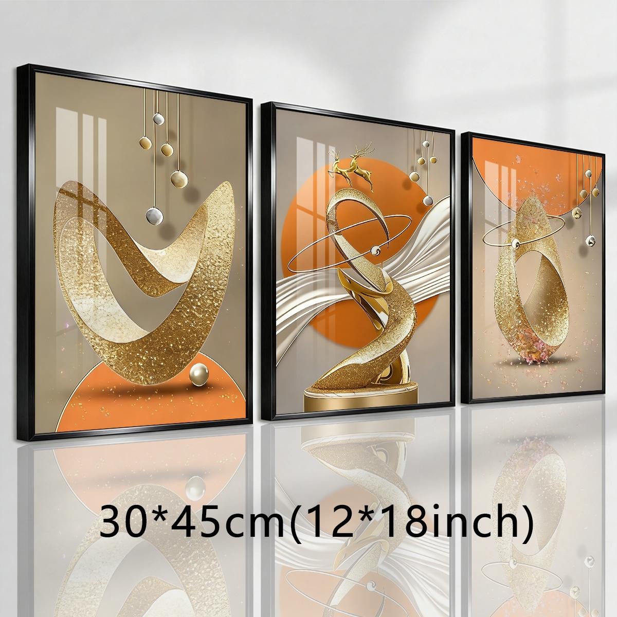 3 Counts Aluminum Alloy Framed Painting, Modern Abstract Golden Sculptural Art Pictures, Home Decoration For Living Room, Bedroom, Office, Restaurant, Hallway Wall Decor, Odorless Print Artwork, Luxury Perfect Gift For Friends And Family