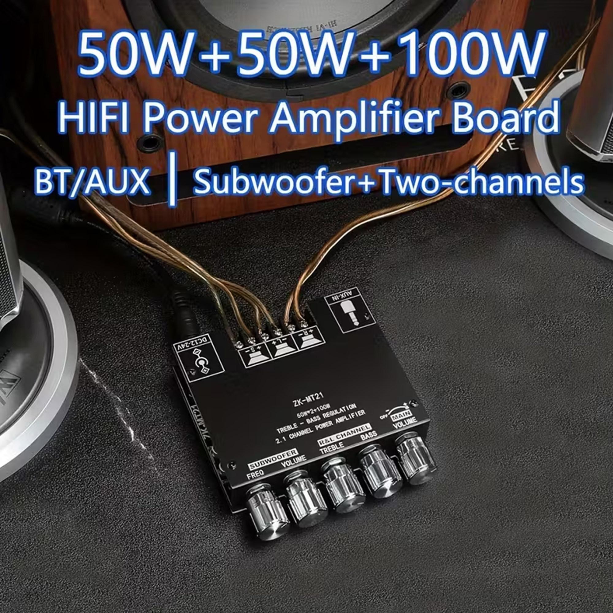BT Amplifier Board,50W+50W+100W 2.1 Channel Subwoofer Amp Board with Treble/Bass/Sub Control,DC 9-24V, Bluetooth and AUX Inputs, DIY Wireless Speakers AMP Board