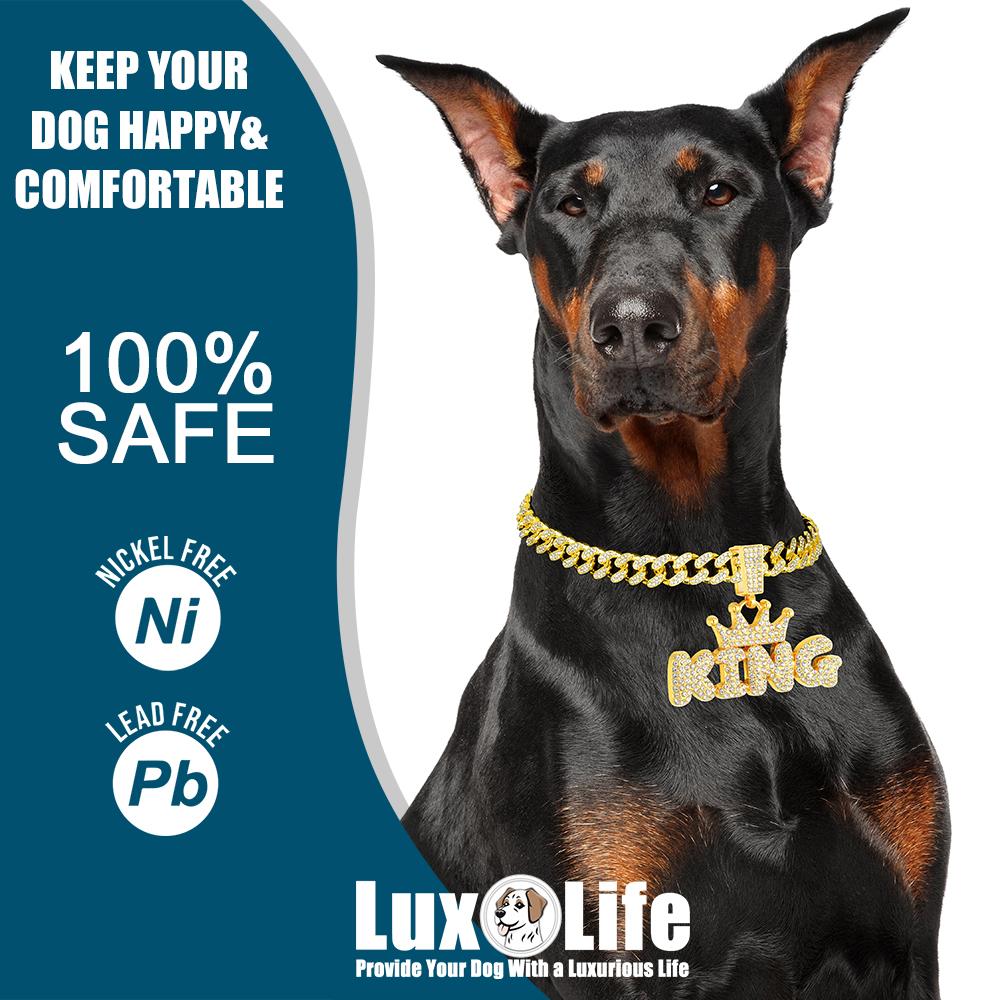 Gold Dog Chain Collar Necklace with diamond pendant "KING" letter Wearing a crown,Diamond Cuban Link Dog Collar 13mm Wide Dog Necklace Metal Cat Chain Pet Crystal Collar Jewelry Accessories for Small Medium Large Dogs Cats