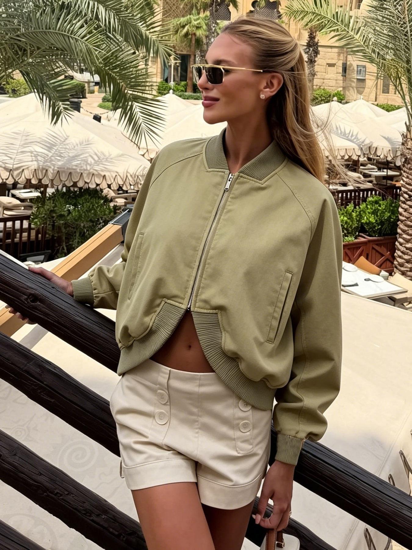 Women's Olive Green Loose Cropped Basic Bomber Jacket, Casual Zipper Coat, Vintage Casual Full-Zip Outerwear with Ribbed Collar & Cuffs, Side Pockets, Streetwear Layering Coat for Spring & Summer