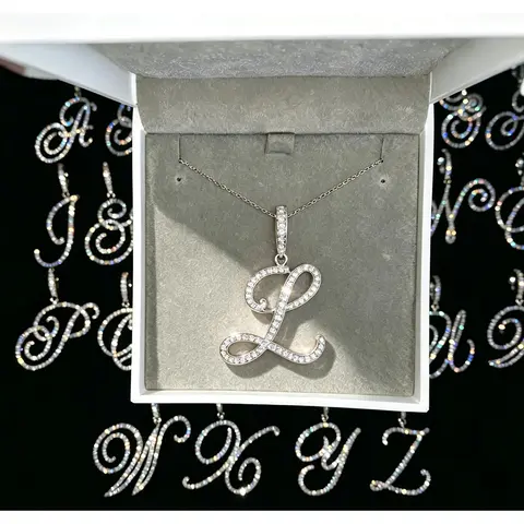 Cursive 26 Initial Letter Pendant Necklace Micro Pave 5A Cubic Zirconia CZ Alphabet Name Jewelry