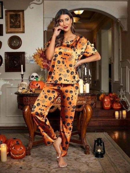 Women's Satin Silk Pajama Set, Short Sleeve Top & Long Pants, Soft Sleepwear for Women, Comfortable Loungewear for Home Use