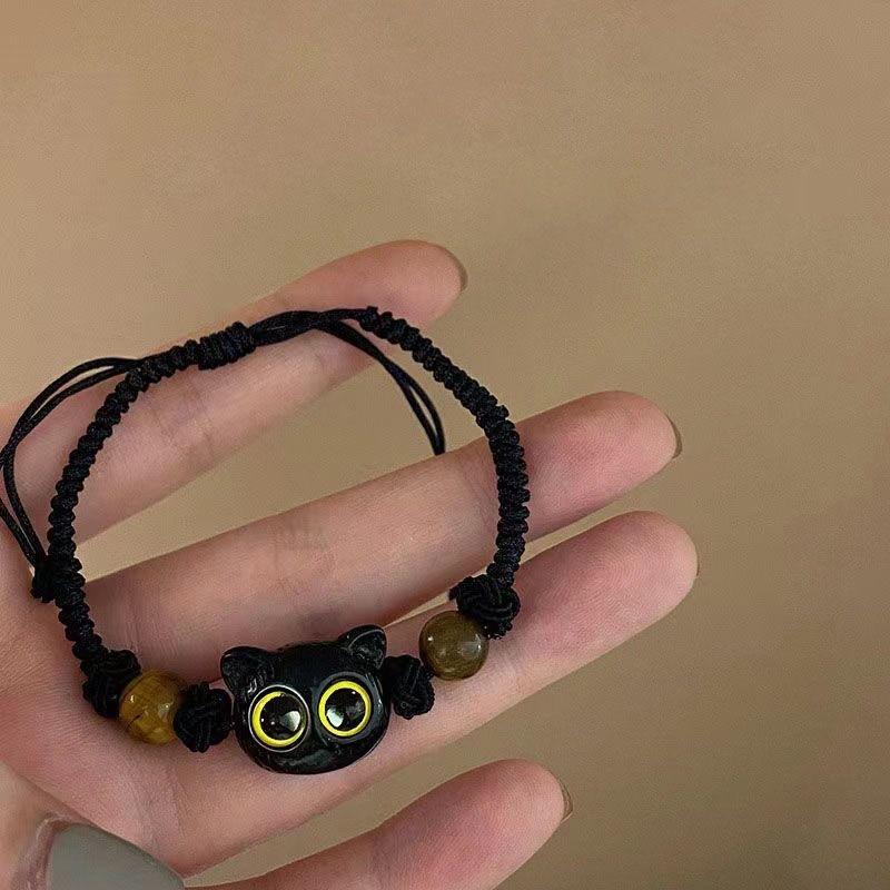 Ancient-Style Woven Cord Kitten Motif Bracelet - Cute Black Kitten Design, Adjustable Size, Bowknot Accent, Unisex Wear, Gift Ideas for Friends or Couples