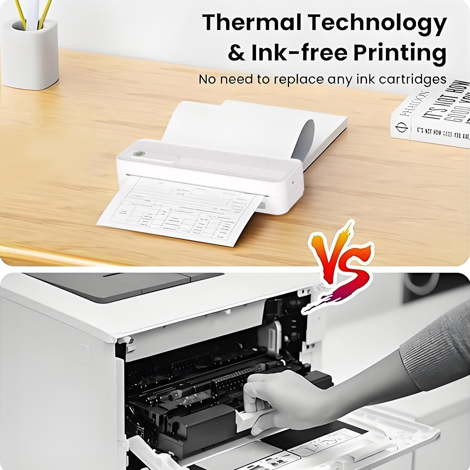 Portable Wireless A4 Thermal Printer, Inkless Home Office Error Correction Printer, Supports Phone Computer Multi-Size Paper Types