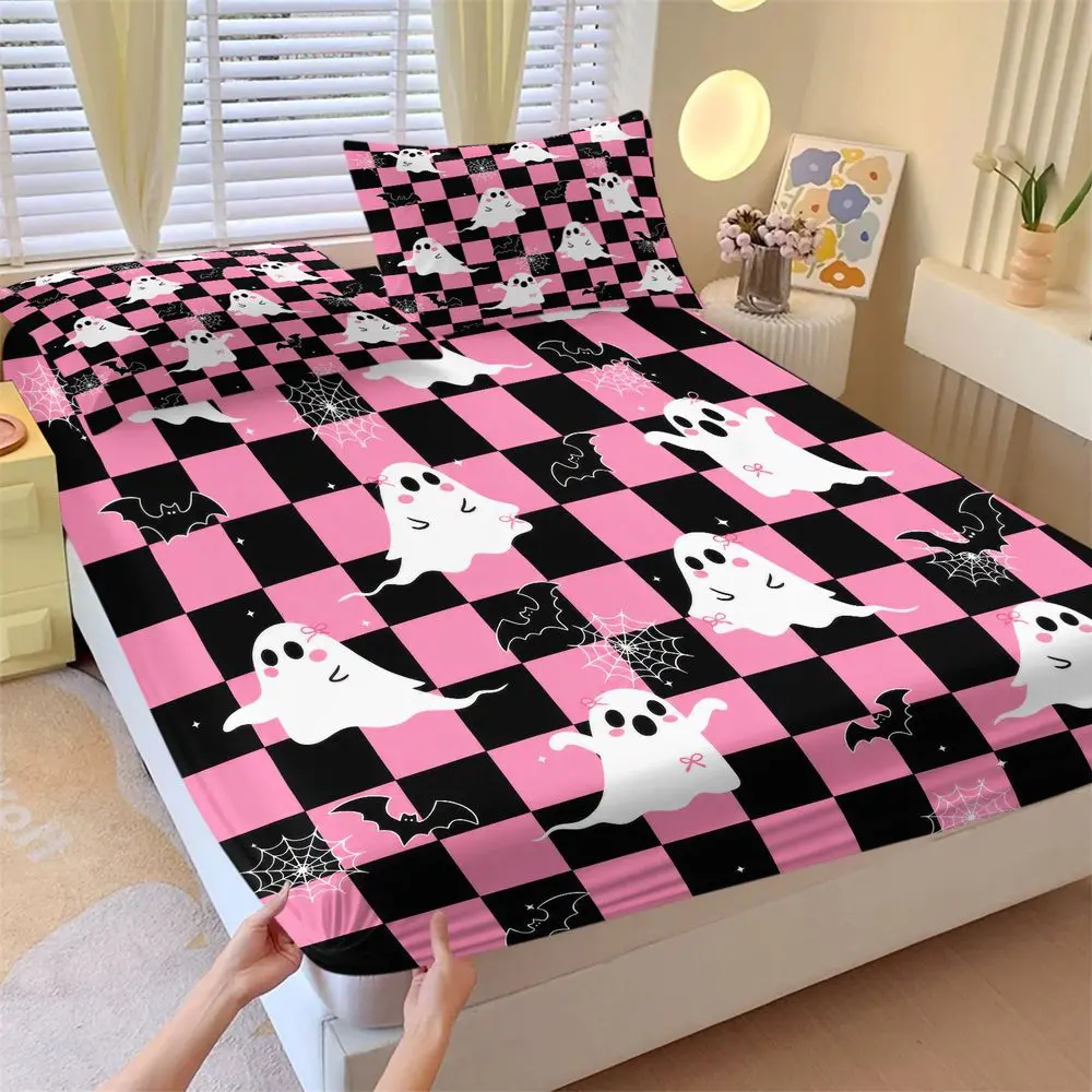 3Pcs Cute Pink Ghost Bedding Set, Halloween Checkerboard Fitted Sheet Set, Spooky Kawaii Bed Sheets Set for Girls Bedroom, Soft Microfiber Bed Decor, Gift for Teens No Fillers