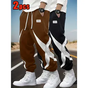 2-Pack Men's Brown Geometric Pattern Jogger Pants, Elastic Waistband for All-Day Comfort, Slim Fit Stylish Design, Ultra Soft Fabric Perfect for Casual Daily Wear, Leisure Activities & Everyday Outings