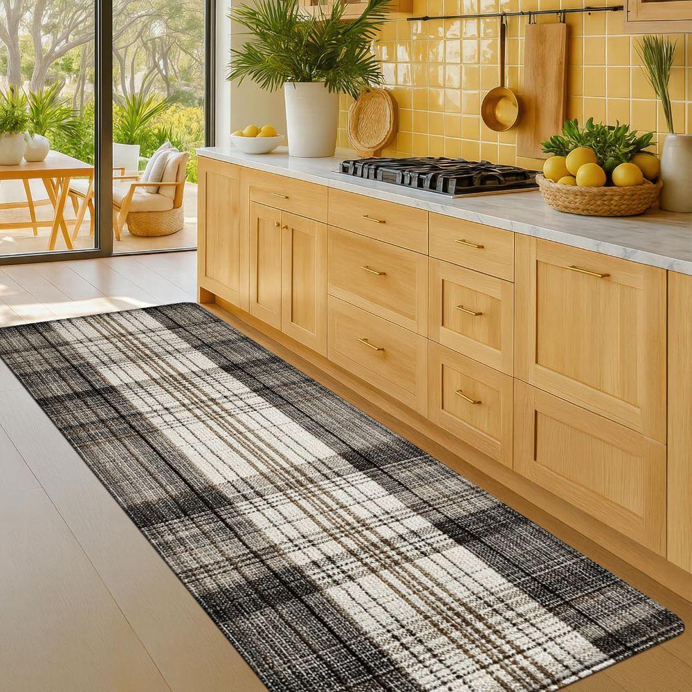 1PC， Spring Brown and White Plaid Fabric Patterned strip rugs, home décor, bathroom mats, entryway mats, bathroom non-slip mats, indoor entrance rugs, bedroom bedside mats, kitchen mats, hallway rugs, flannel sponge rugs, hallway runner rugs
